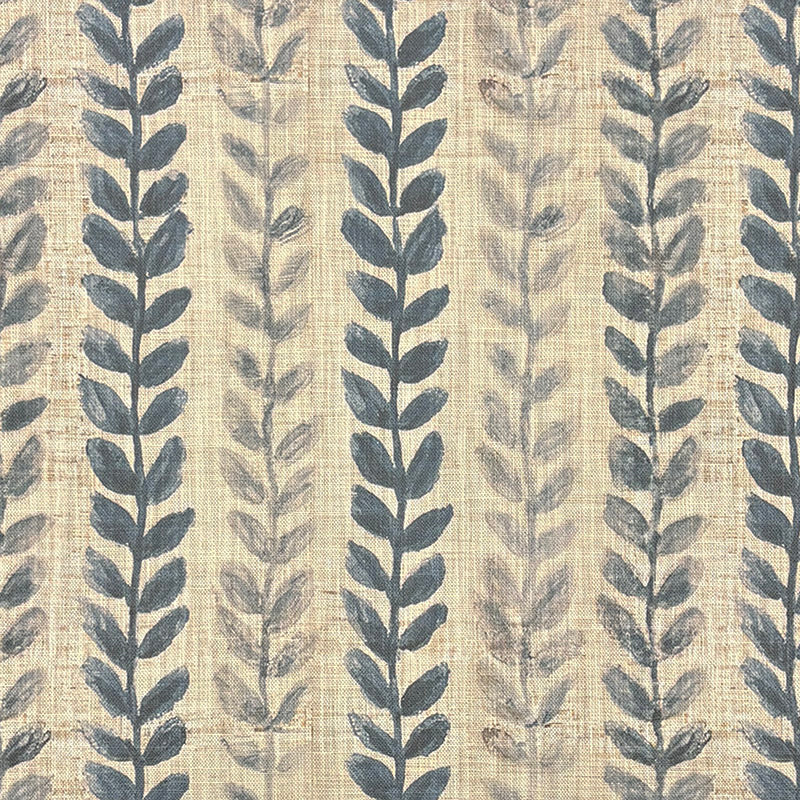 Lovverk Stripe No.3 neutral blue Scandinavian leaf stripe upholstery fabric on a natural ground