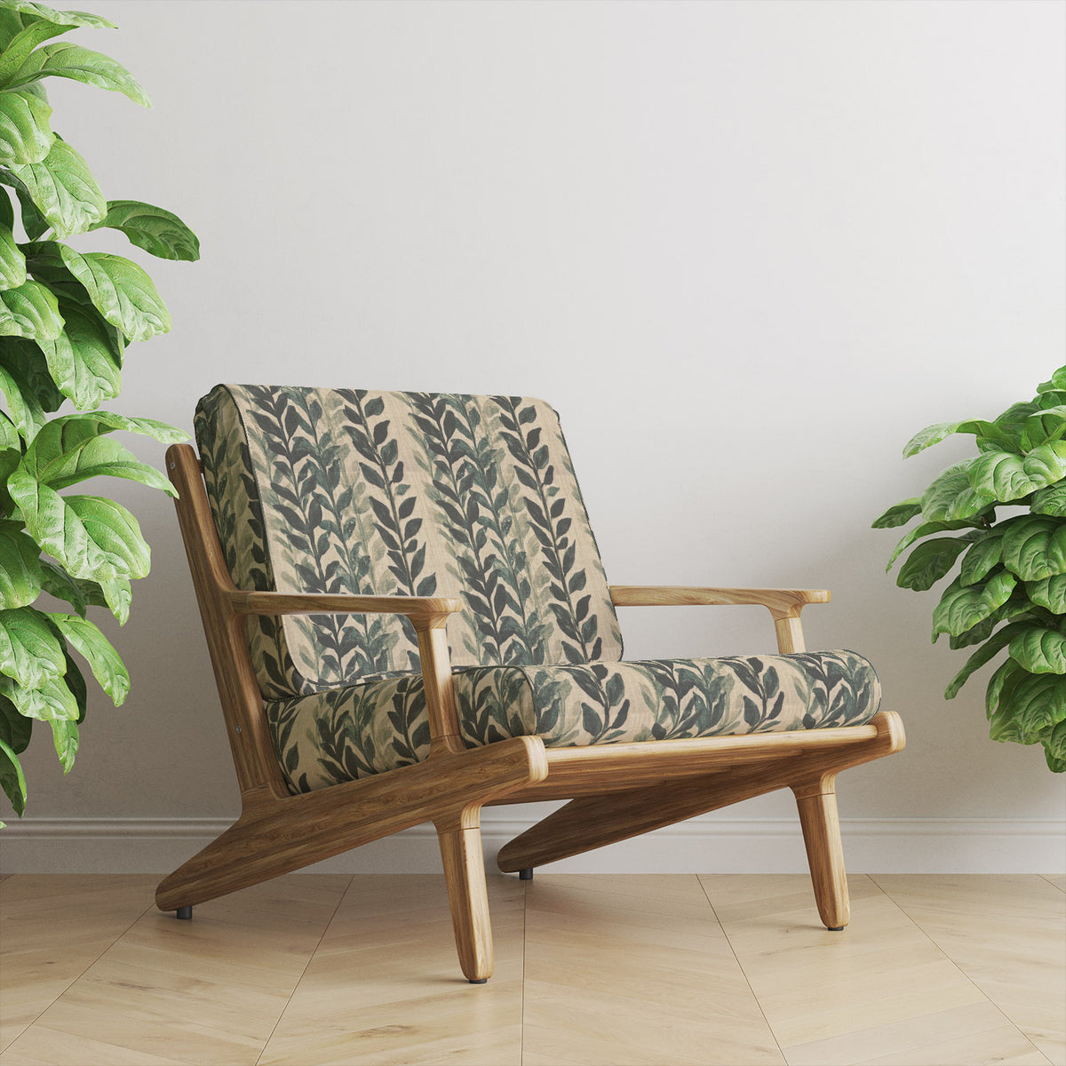 Lovverk Stripe No.5 forest green leaf upholstery fabric on a wooden lounge chair
