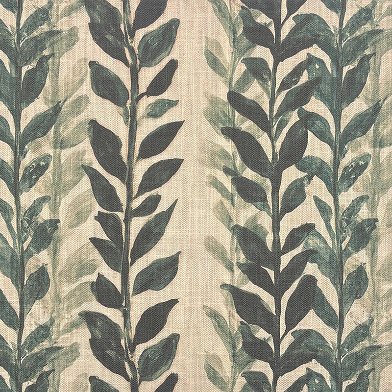 Lovverk Stripe No.5 green botanical leaf stripe upholstery fabric on a natural ground