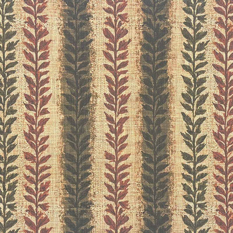 Lovverk Stripe No.7 burgundy and charcoal leaf stripe upholstery fabric on a natural beige ground