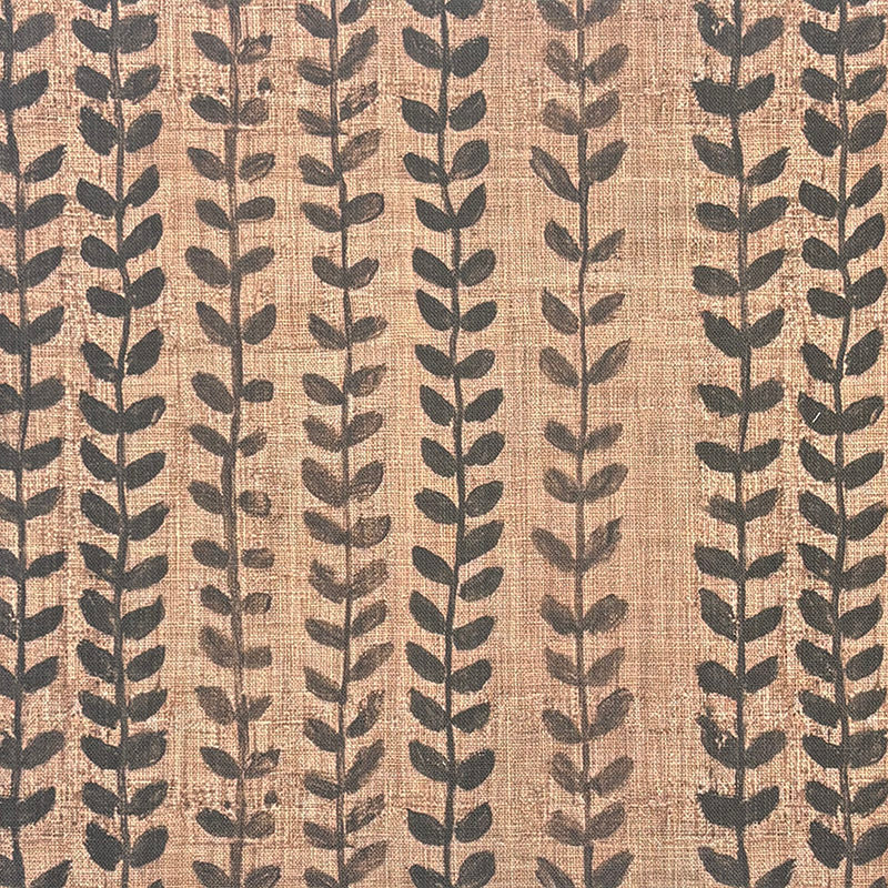Lovverk Stripe No.9 charcoal leaf stripe upholstery fabric on a warm neutral beige ground