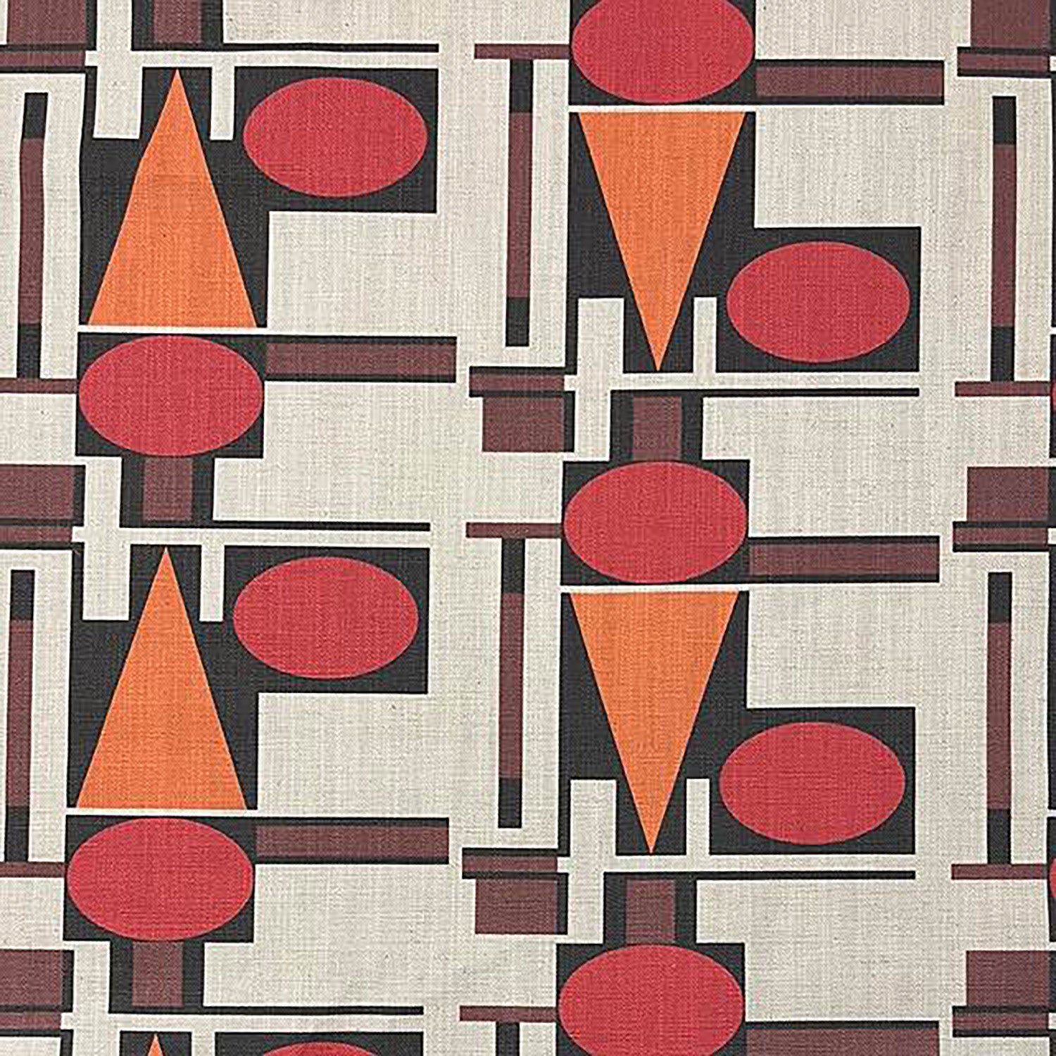 Repeating abstract upholstery fabric with terracotta circles and triangle – Malaga No.13 flat image
