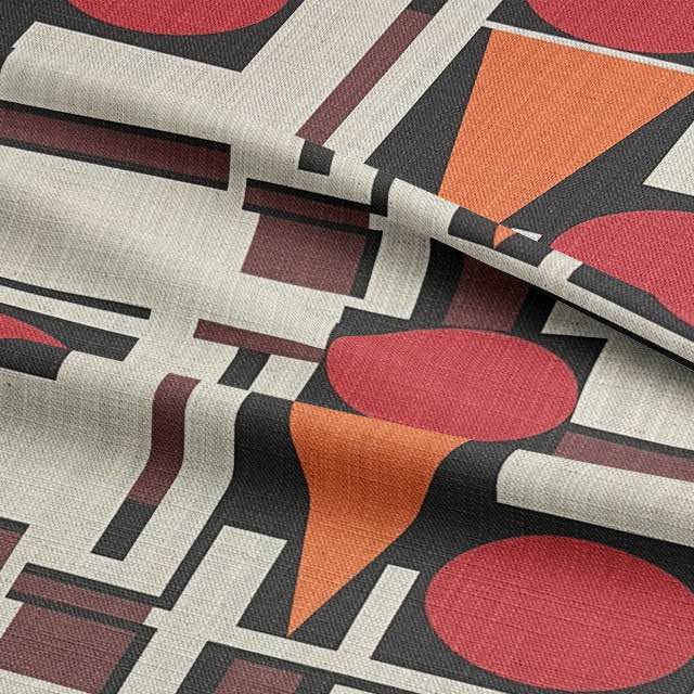 Close-up of statement upholstery fabric with geometric mid-century design