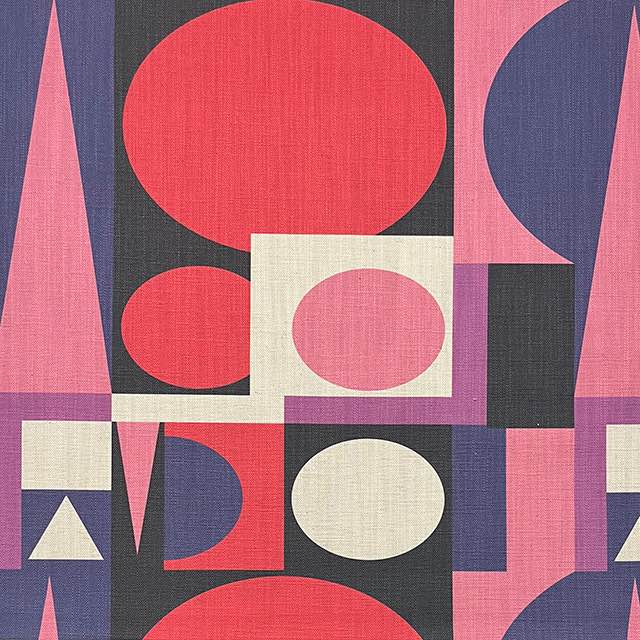 Pink upholstery fabric with bold geometric circles and triangles – Malaga No.19 flat lay