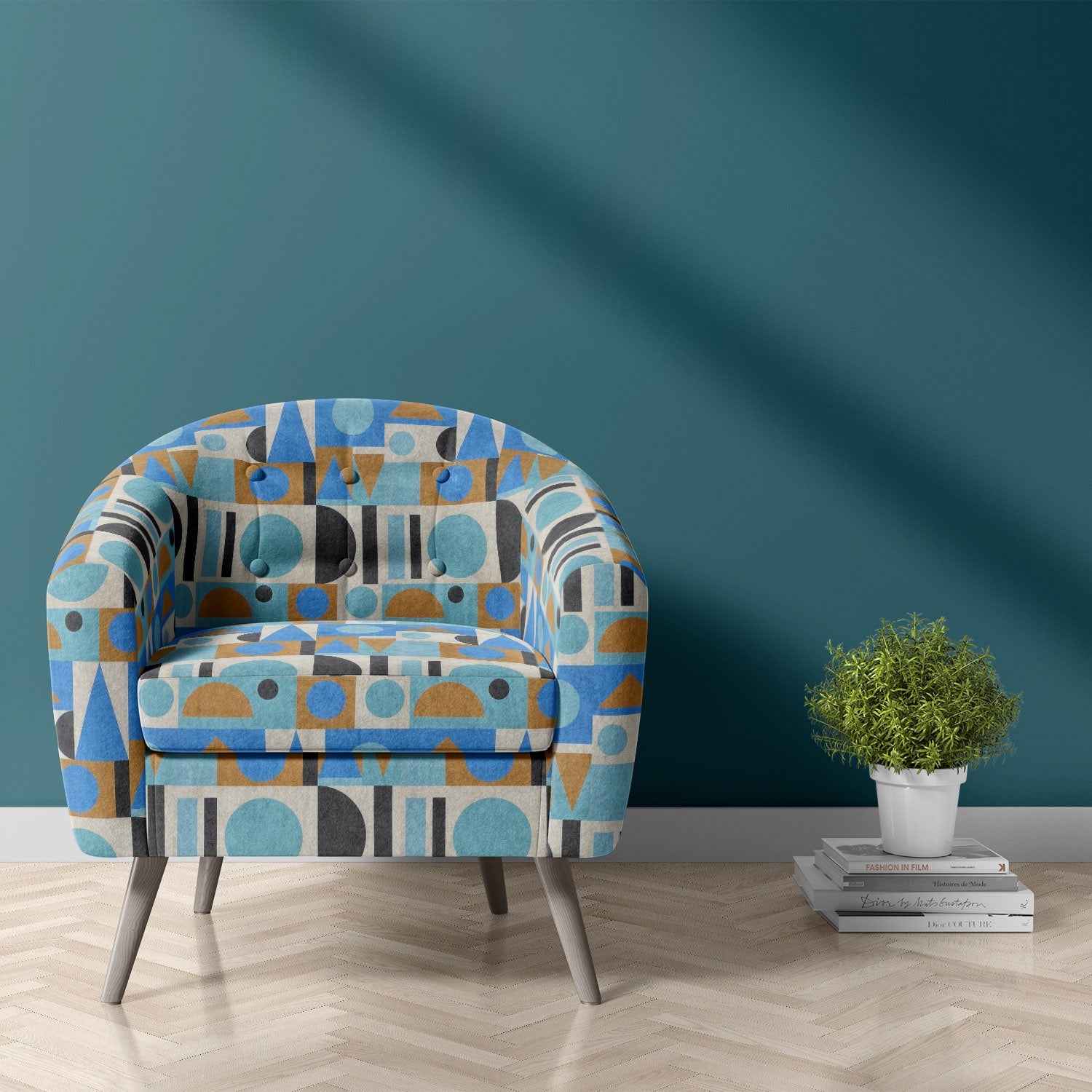 Malaga No.21 bold geometric patterned upholstery fabric on armchair
