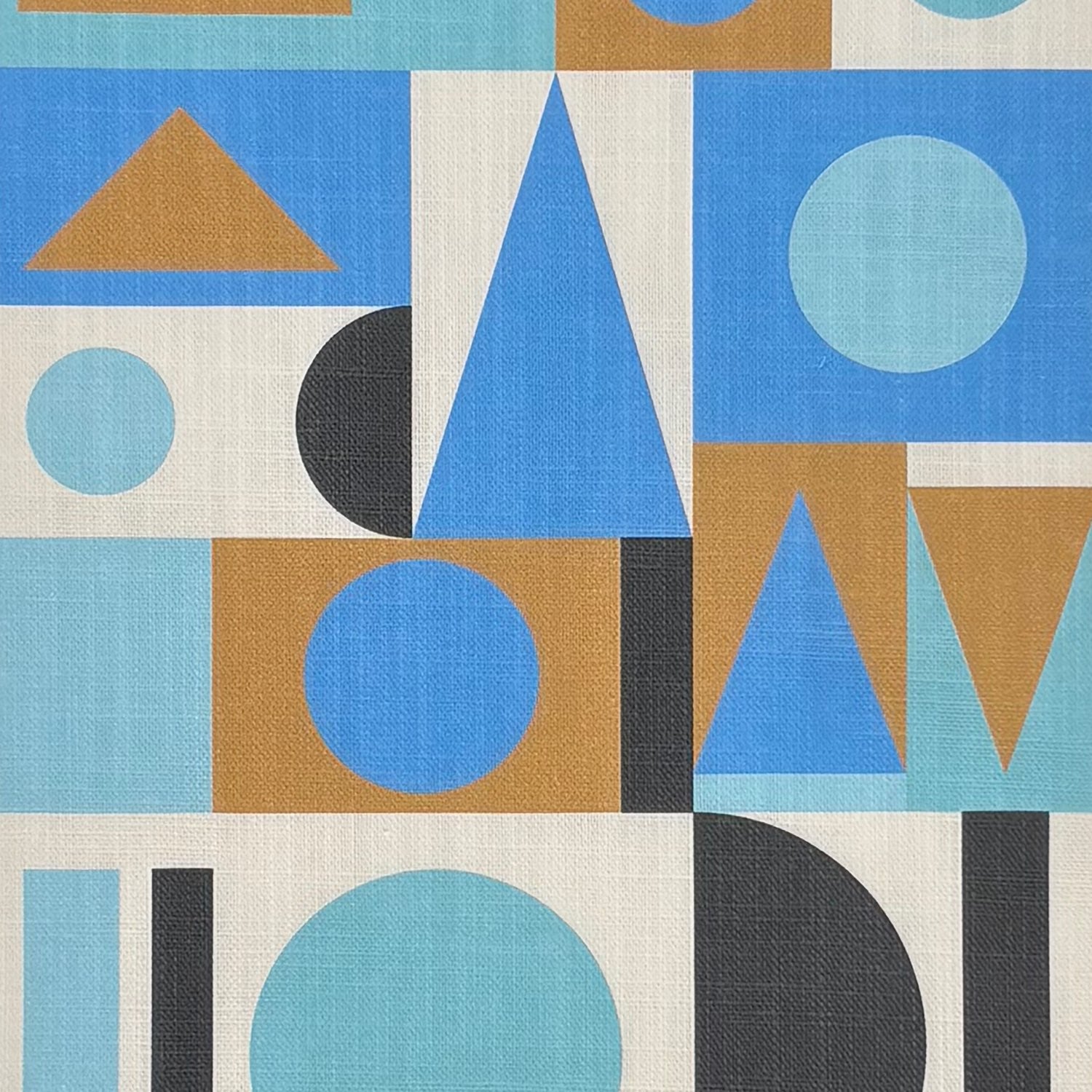 Malaga No.21 geometric cubism design blue and ochre upholstery fabric flat sample
