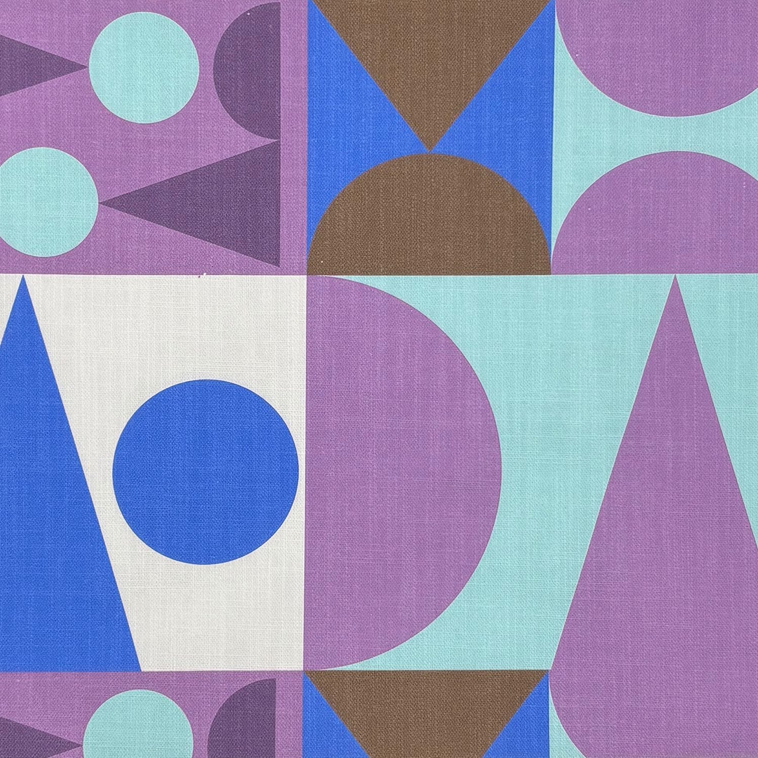 Malaga No.24 flat fabric sample – geometric cubism style upholstery fabric in purple, aqua and blue