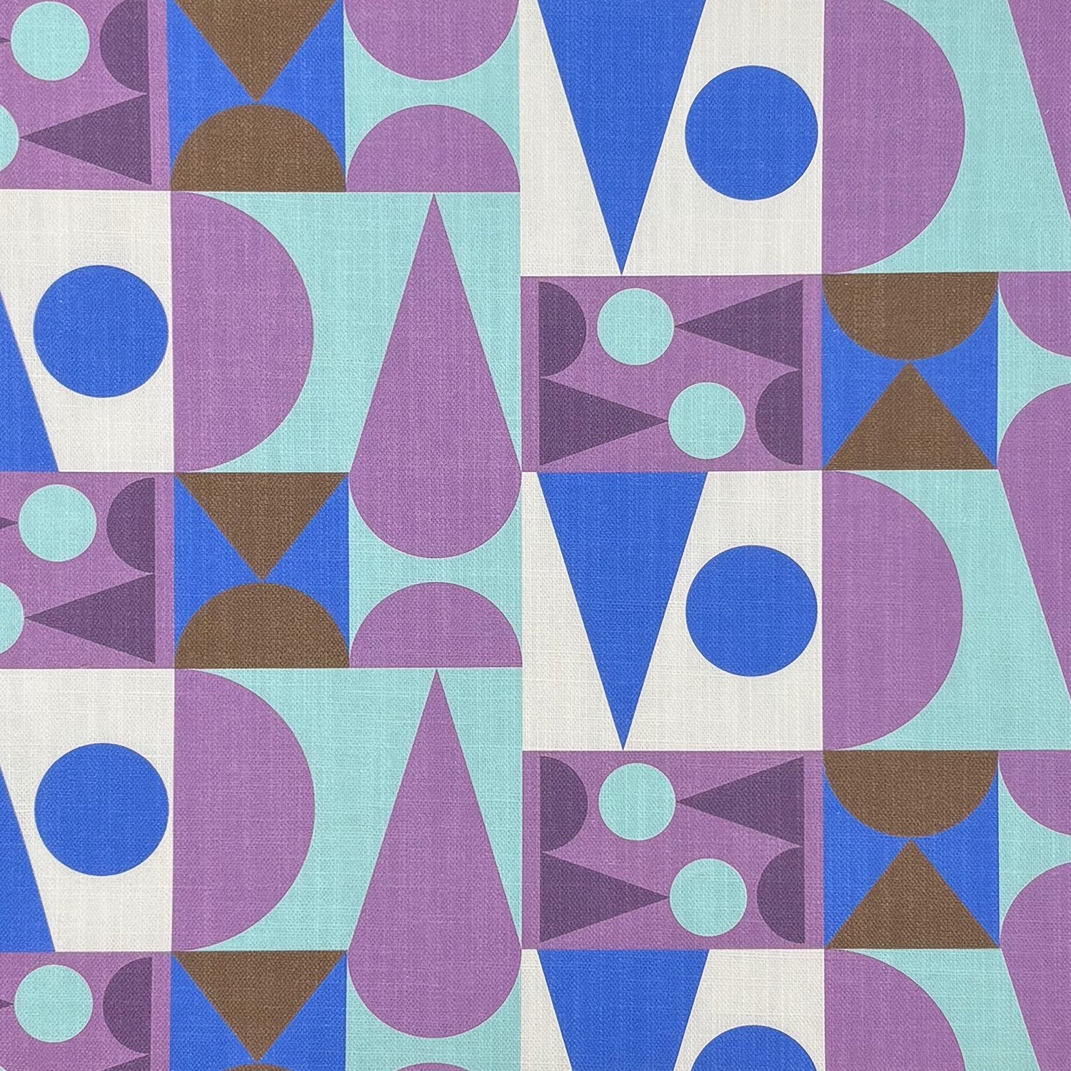Flat image of Malaga No.25 geometric cubist pattern upholstery fabric in purple, blue, and teal.