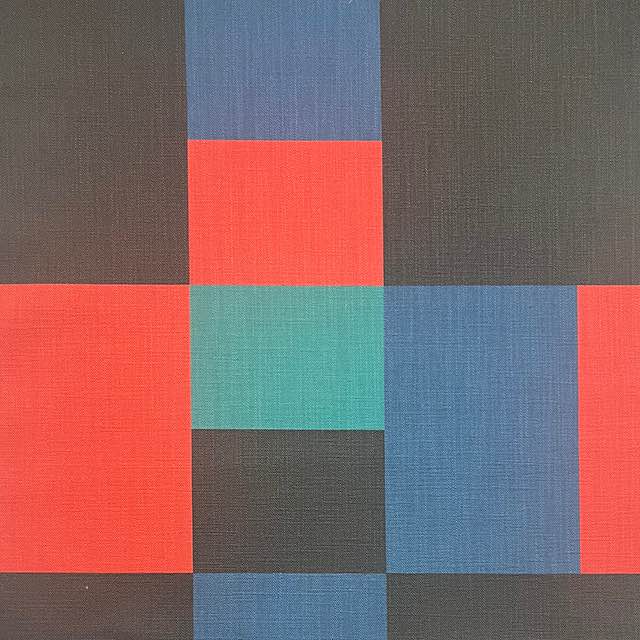 Cubist-inspired upholstery fabric in blue, coral, and teal – Malaga No.2 flat lay