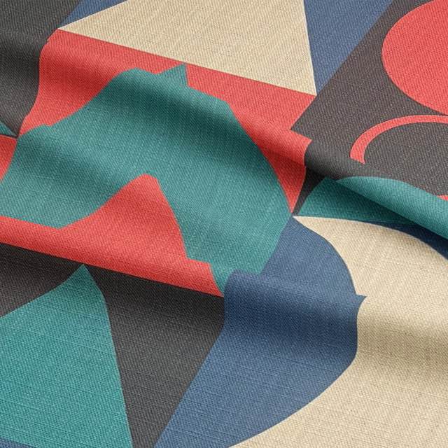 Close-up of bold abstract upholstery fabric with curved and angular motifs