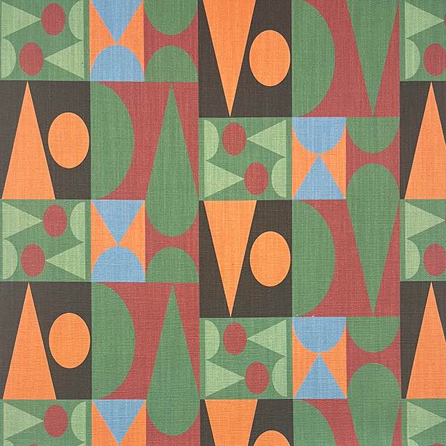 Green cubist upholstery fabric with geometric shapes and retro palette – Malaga No.5 flat lay