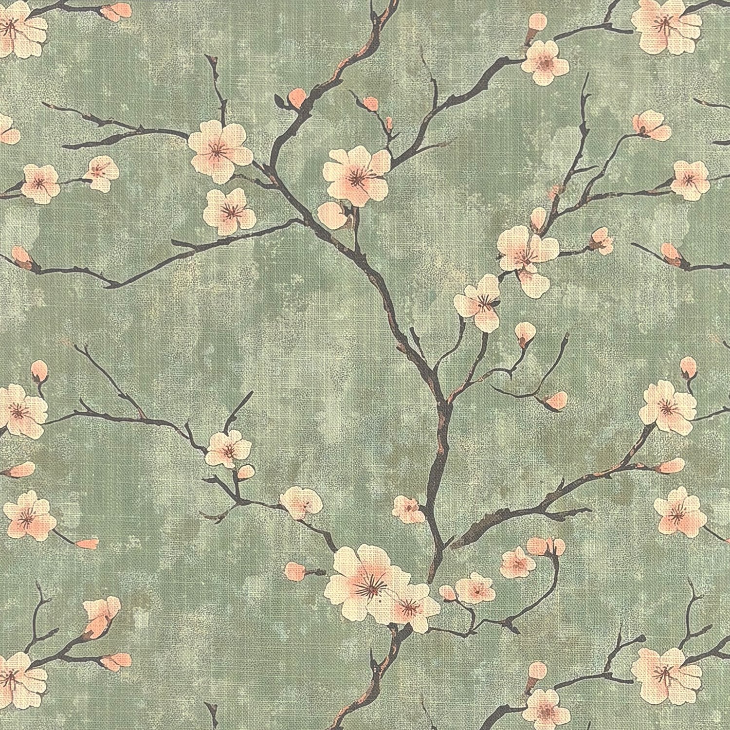 Mori No.16 Japanese floral linen curtain fabric flat lay with blossom branches on sage green background