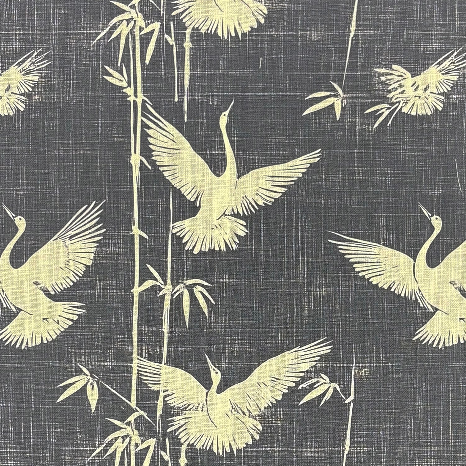 Mori No.3 linen curtain fabric flat lay featuring flying cranes and bamboo on charcoal background