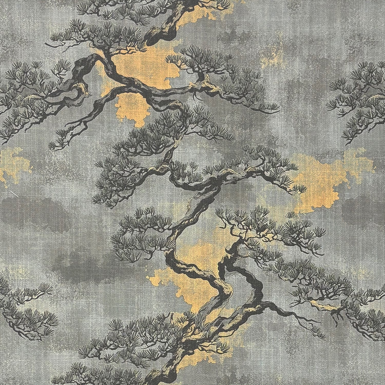 Mori No.4 Japanese linen curtain fabric featuring grey pine tree design with gold accents on textured background