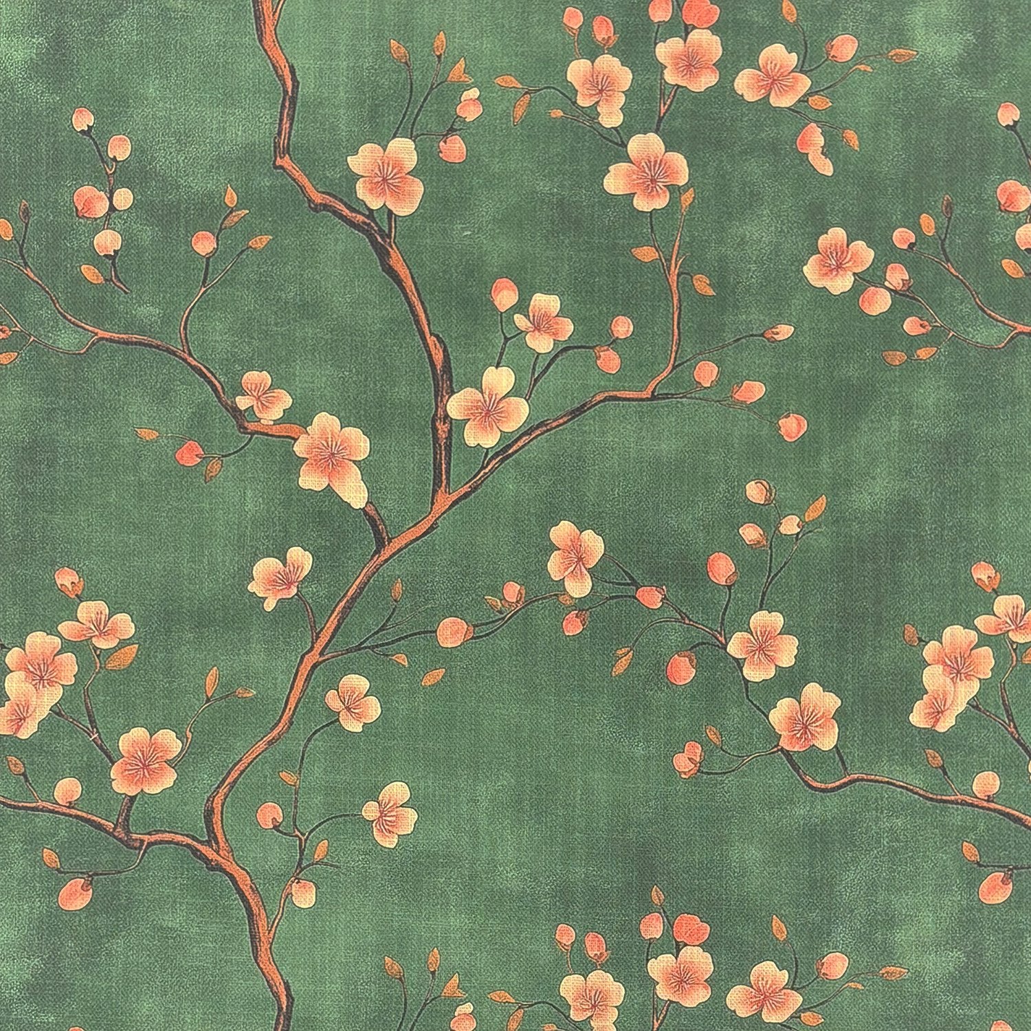 Mori No.7 Japanese curtain fabric with blossom branches on green linen background – Saint and Poet
