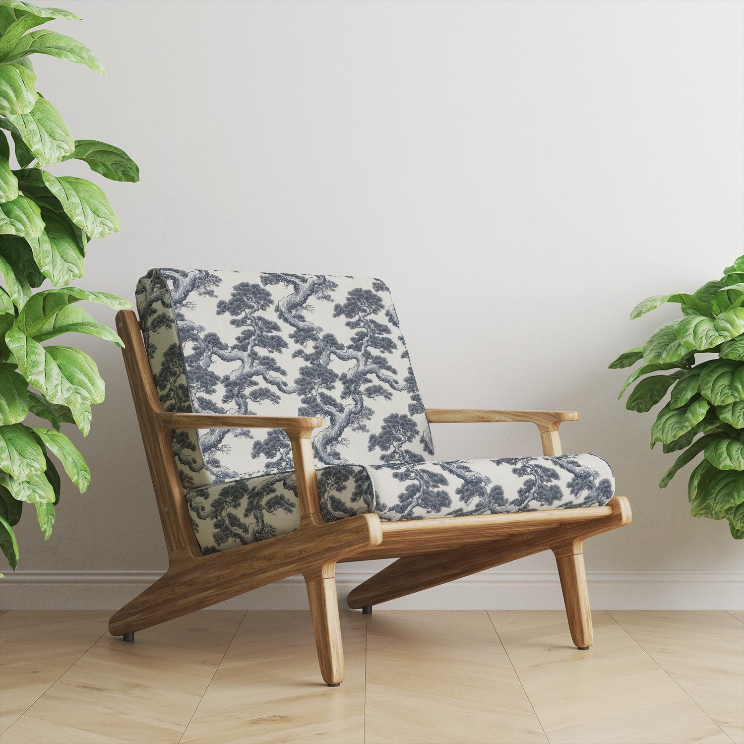 Mori No.10 Japanese pine tree upholstery fabric on mid-century armchair in living room