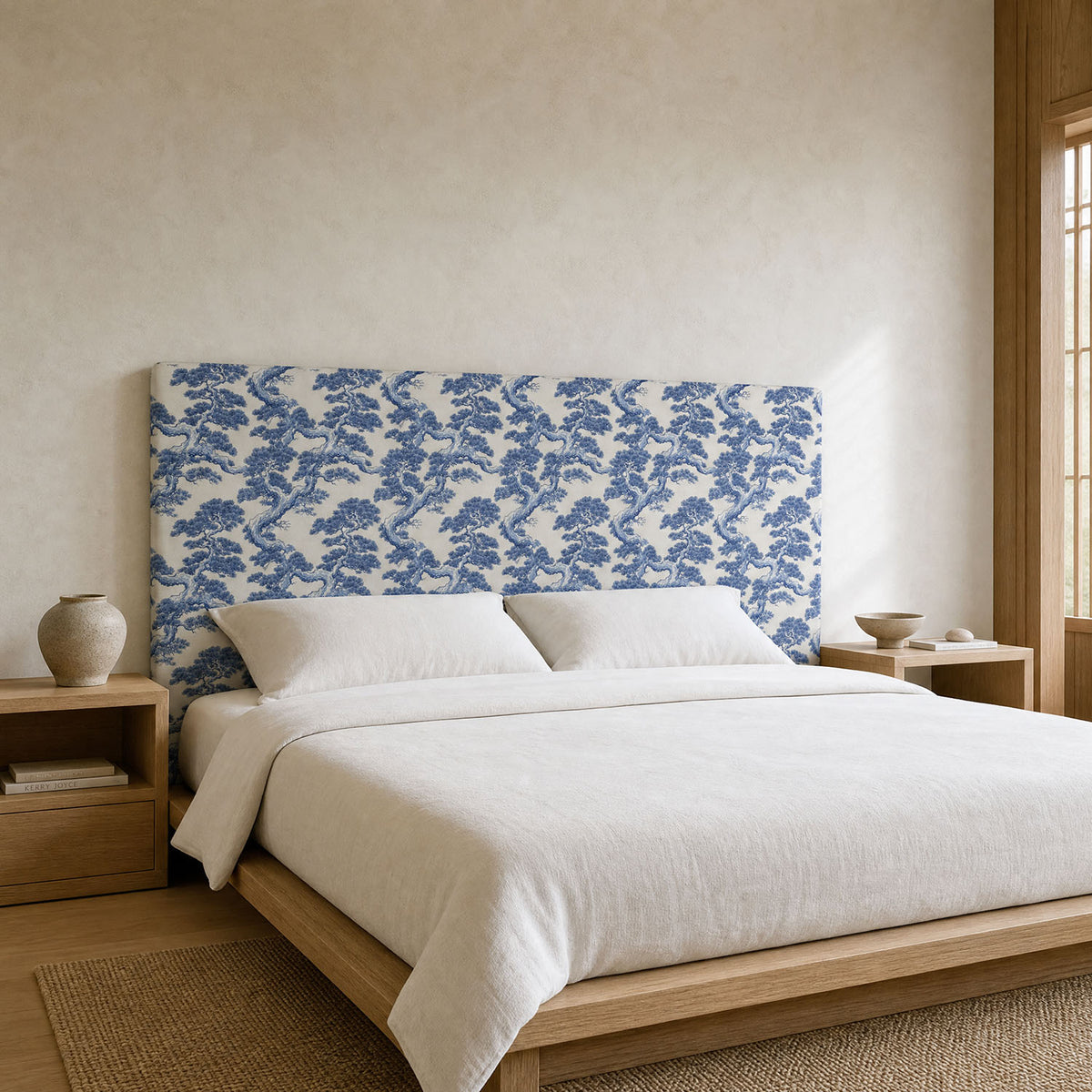 Mori No.10 blue white Crib5 velvet fabric shown on upholstered headboard