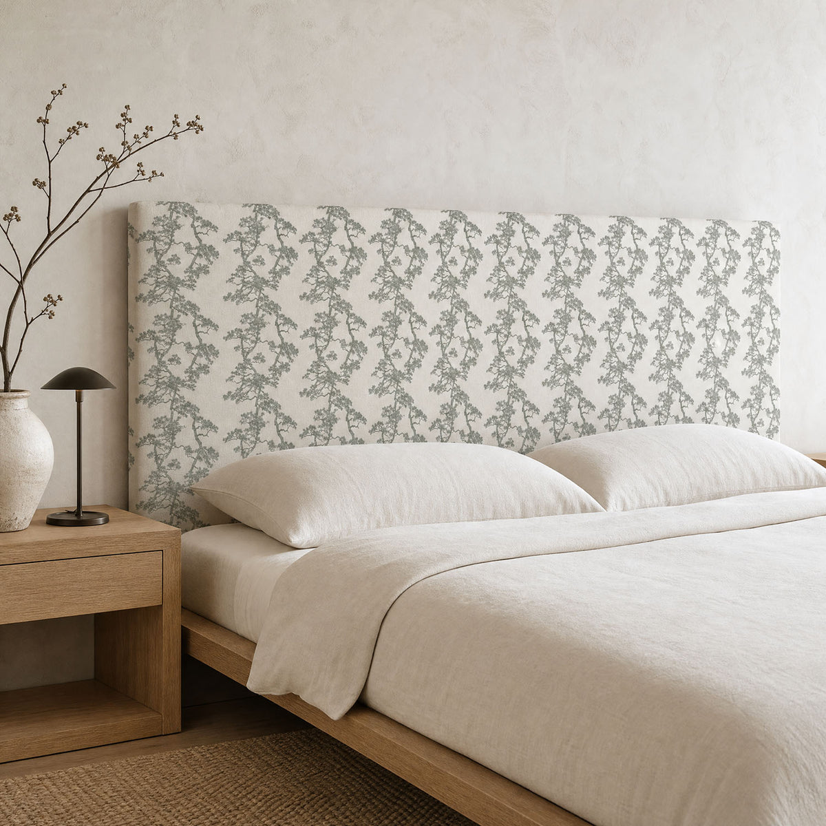Mori No.11 green Japanese Crib5 velvet fabric shown on a luxury upholstered headboard