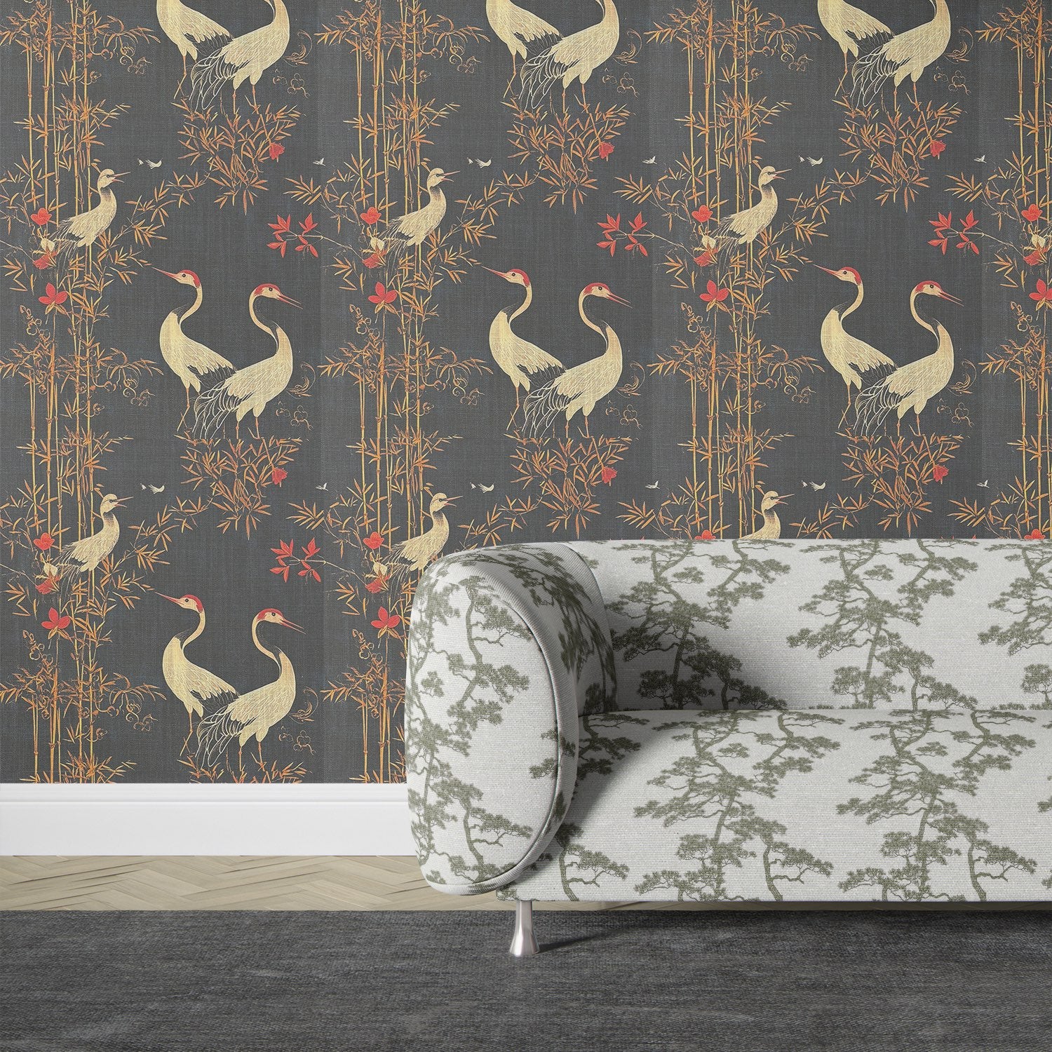 Upholstered sofa and lamp in Mori No.11 green Japanese upholstery fabric, styled with oriental wallpaper