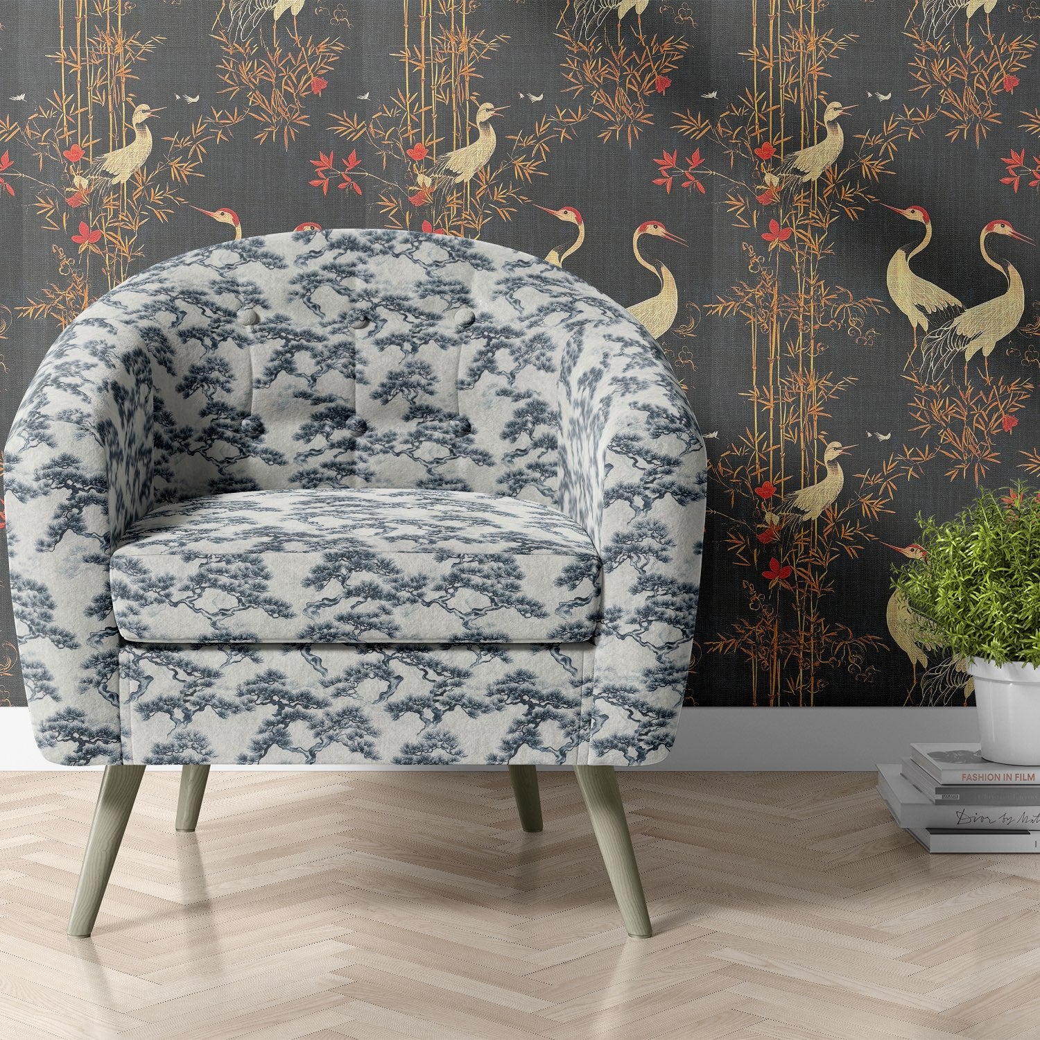 Upholstered chair in Mori No.12 Japanese upholstery fabric in indigo on white