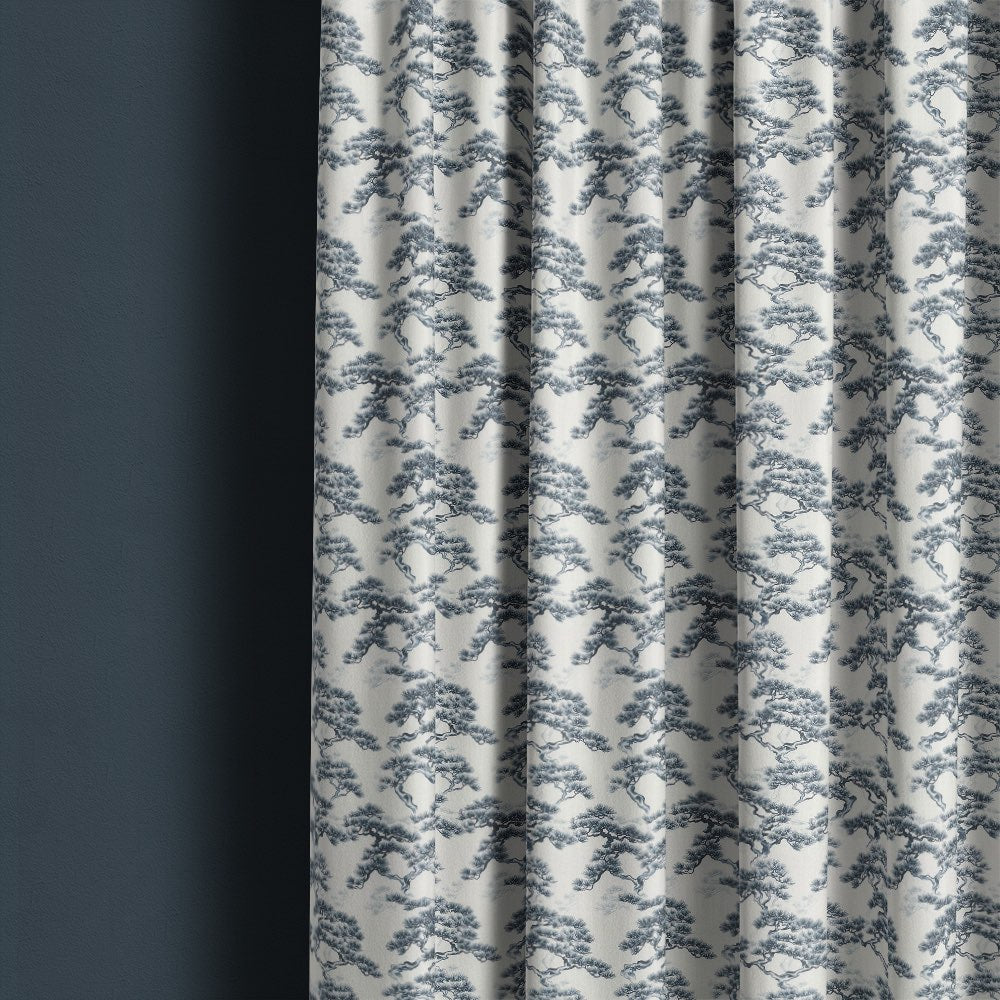 Mori No.12 linen curtain fabric showing Japanese pine tree pattern in soft blue tones