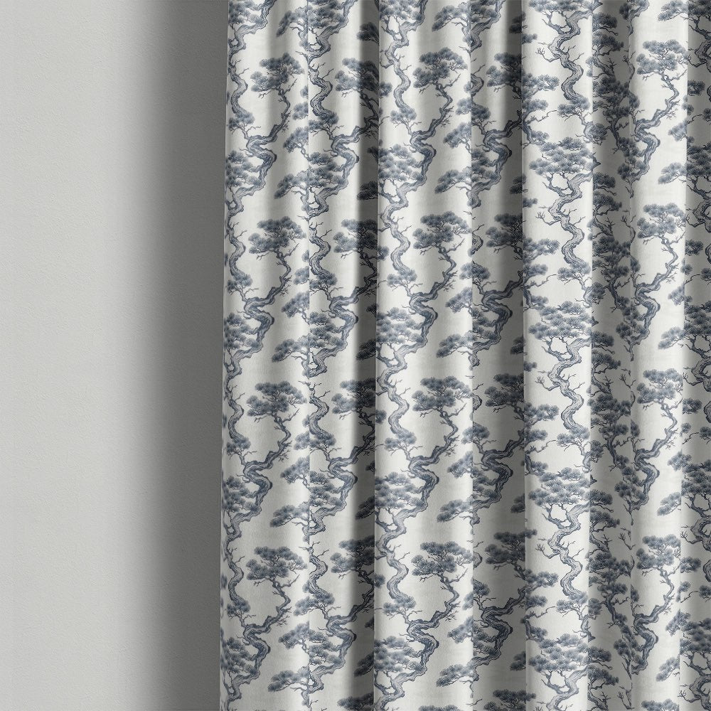 Mori No.13 Japanese linen curtain fabric featuring hand-drawn tree pattern in soft blue grey