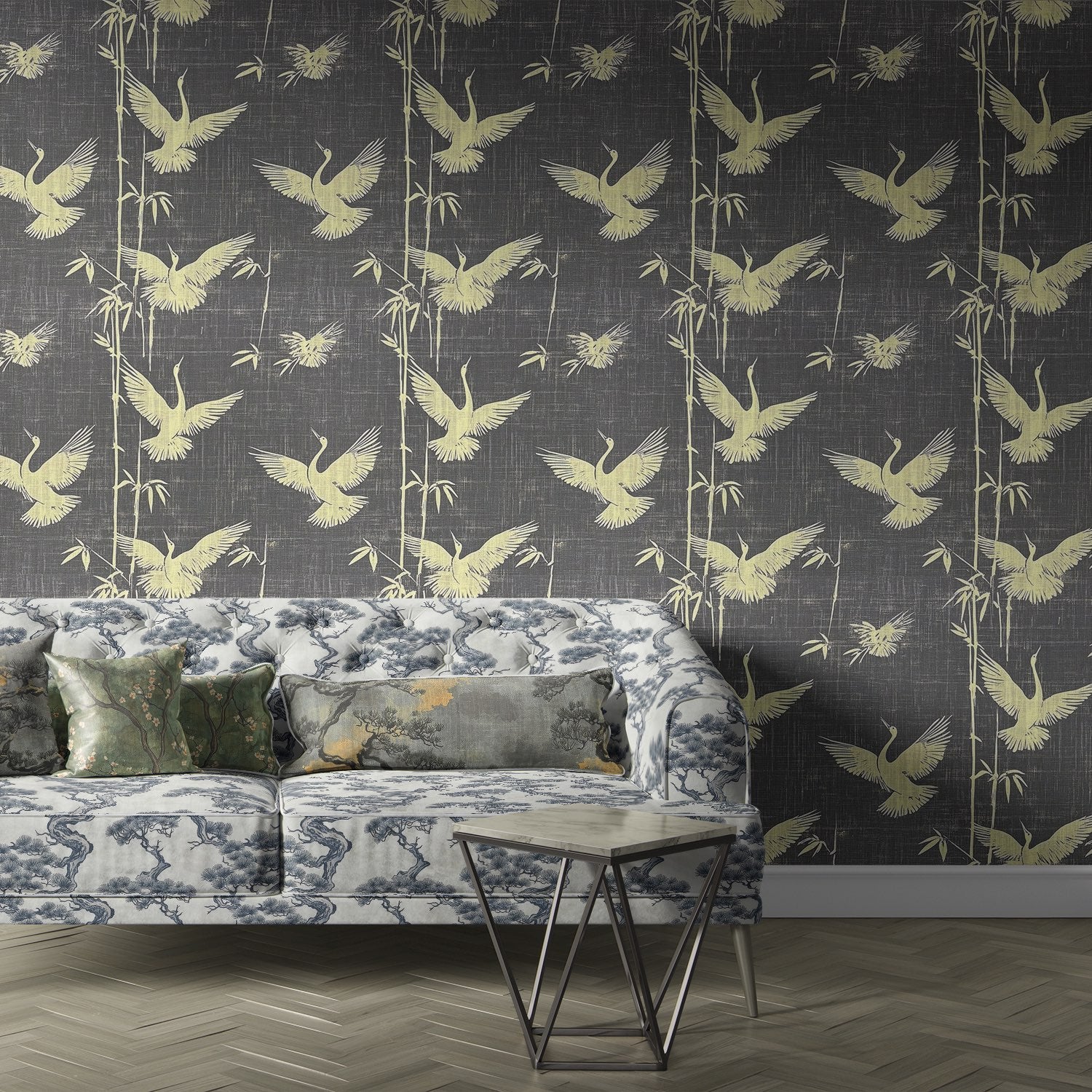 Upholstered sofa in Mori No.13 Japanese upholstery fabric with indigo tree print