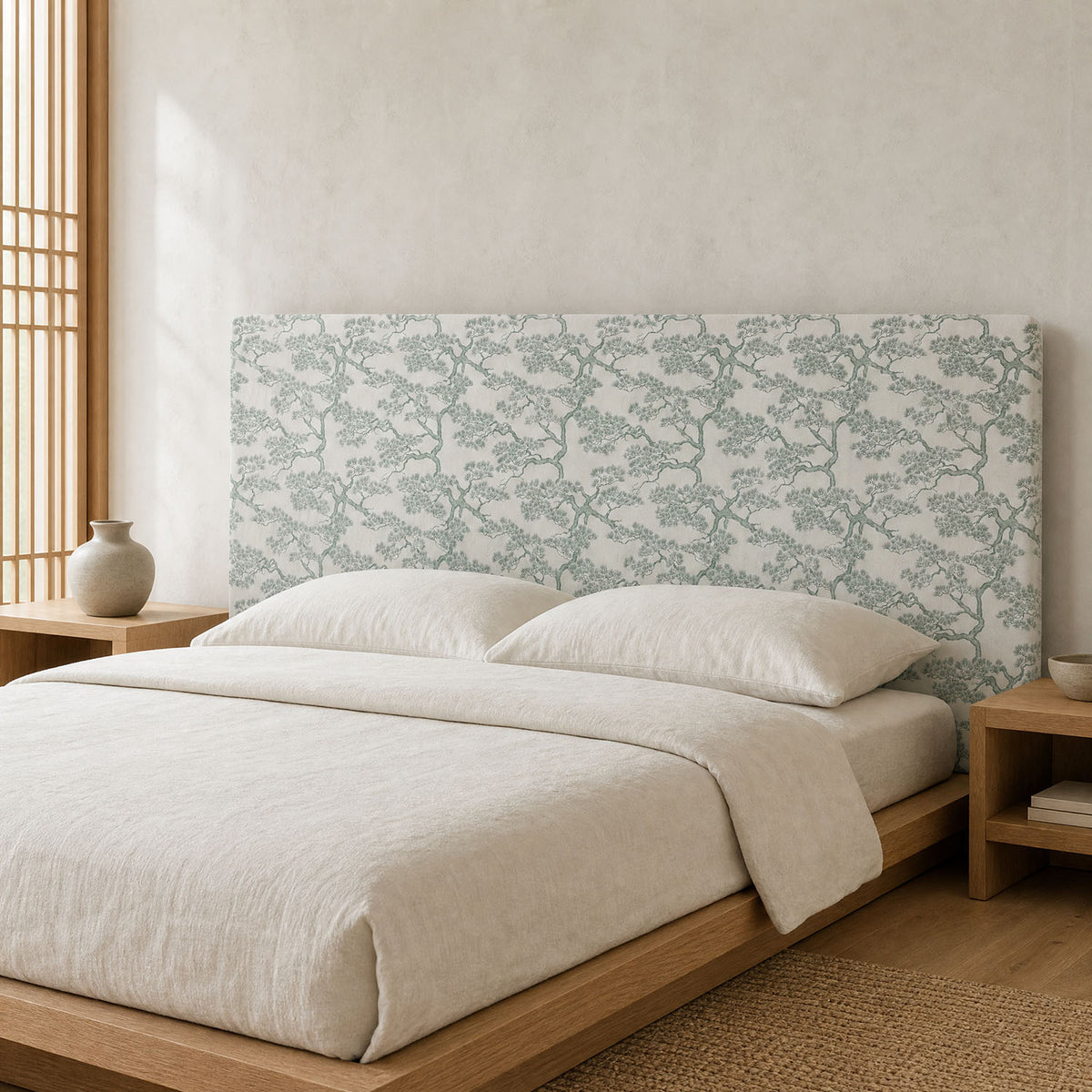 Mori No.14 green Crib5 velvet fabric styled on a luxury upholstered headboard