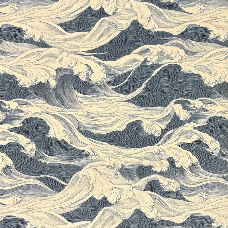 Blue navy and cream Mori No.15 Crib5 velvet fabric with Japanese wave print
