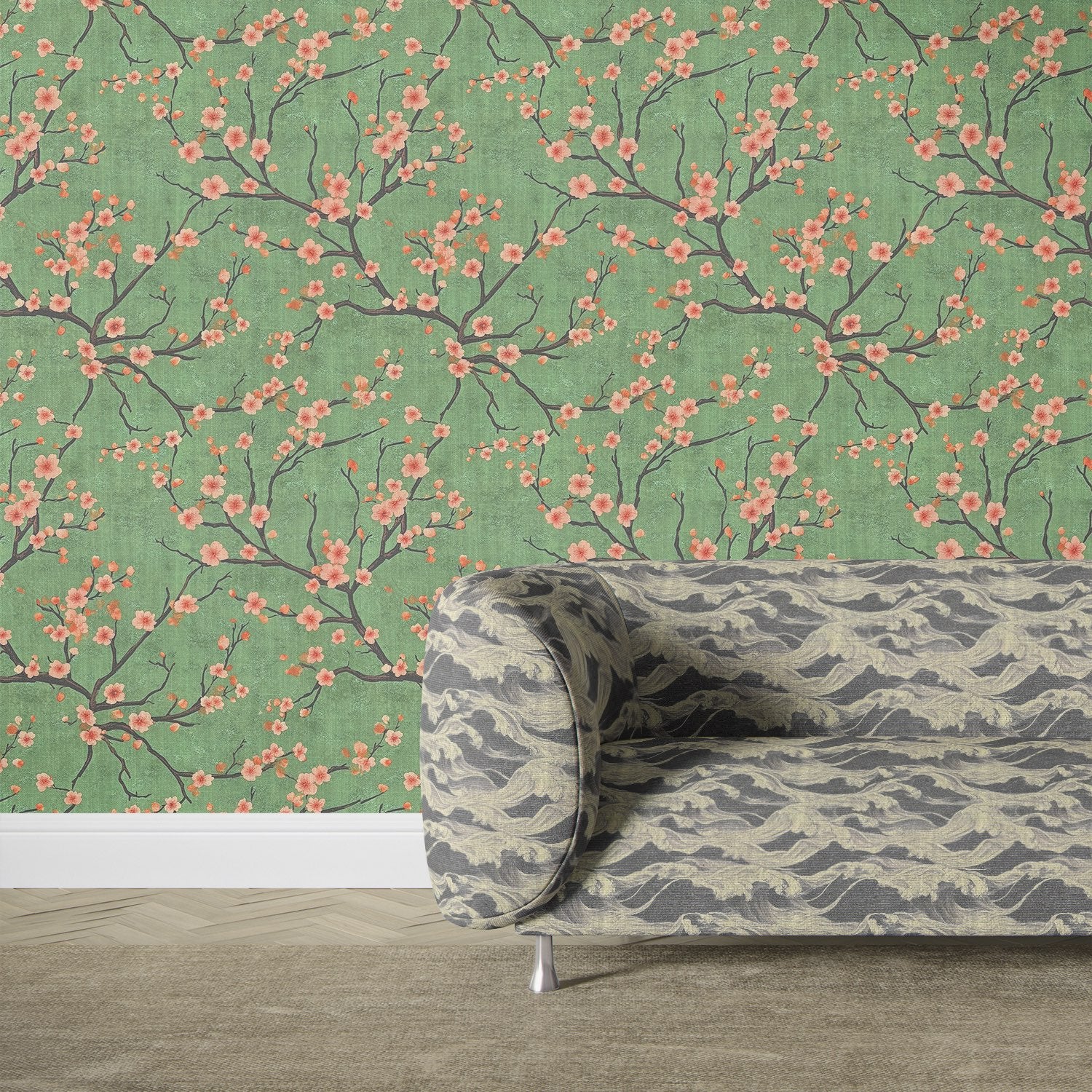 Upholstered sofa in Mori No.15 Japanese wave pattern upholstery fabric