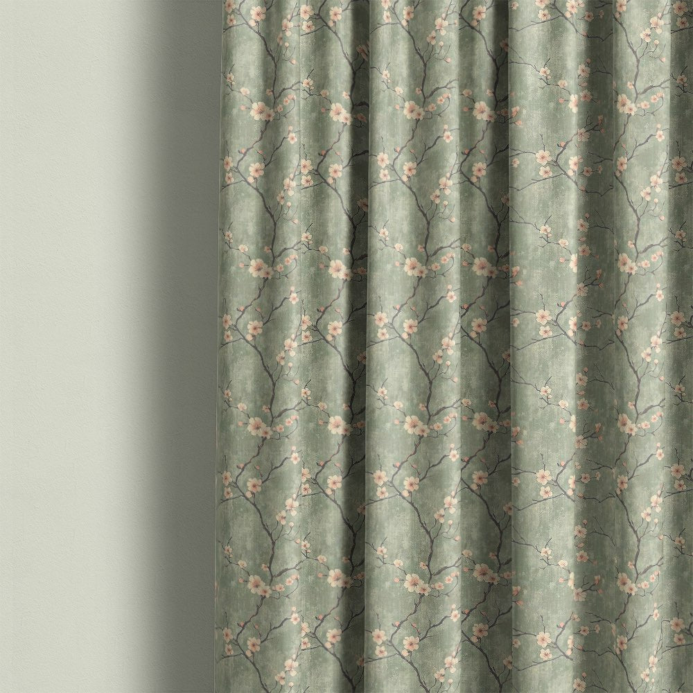 Mori No.16 linen curtain fabric made into full length floral curtains with Japanese inspired blossom design