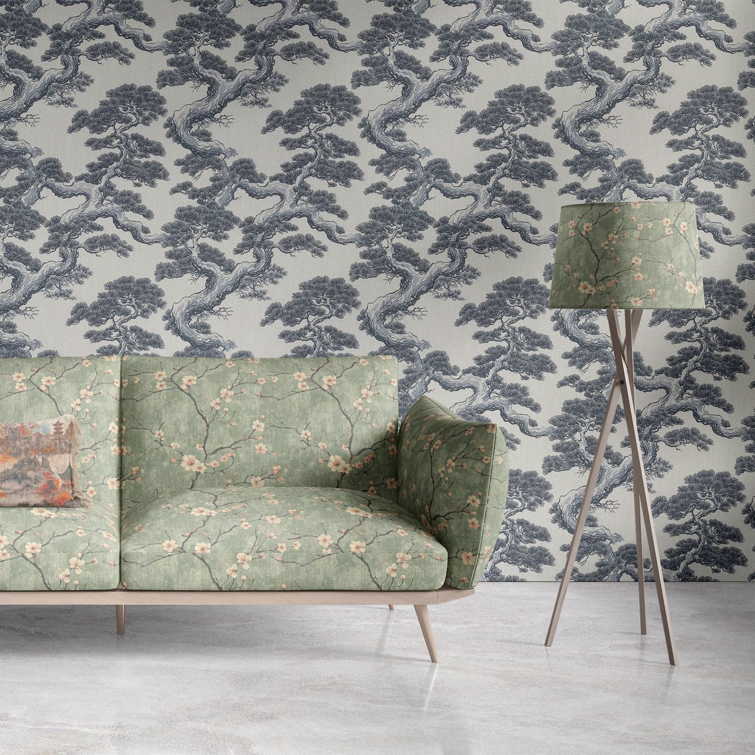Upholstered sofa in Mori No.16 Japanese upholstery fabric with cherry blossom design