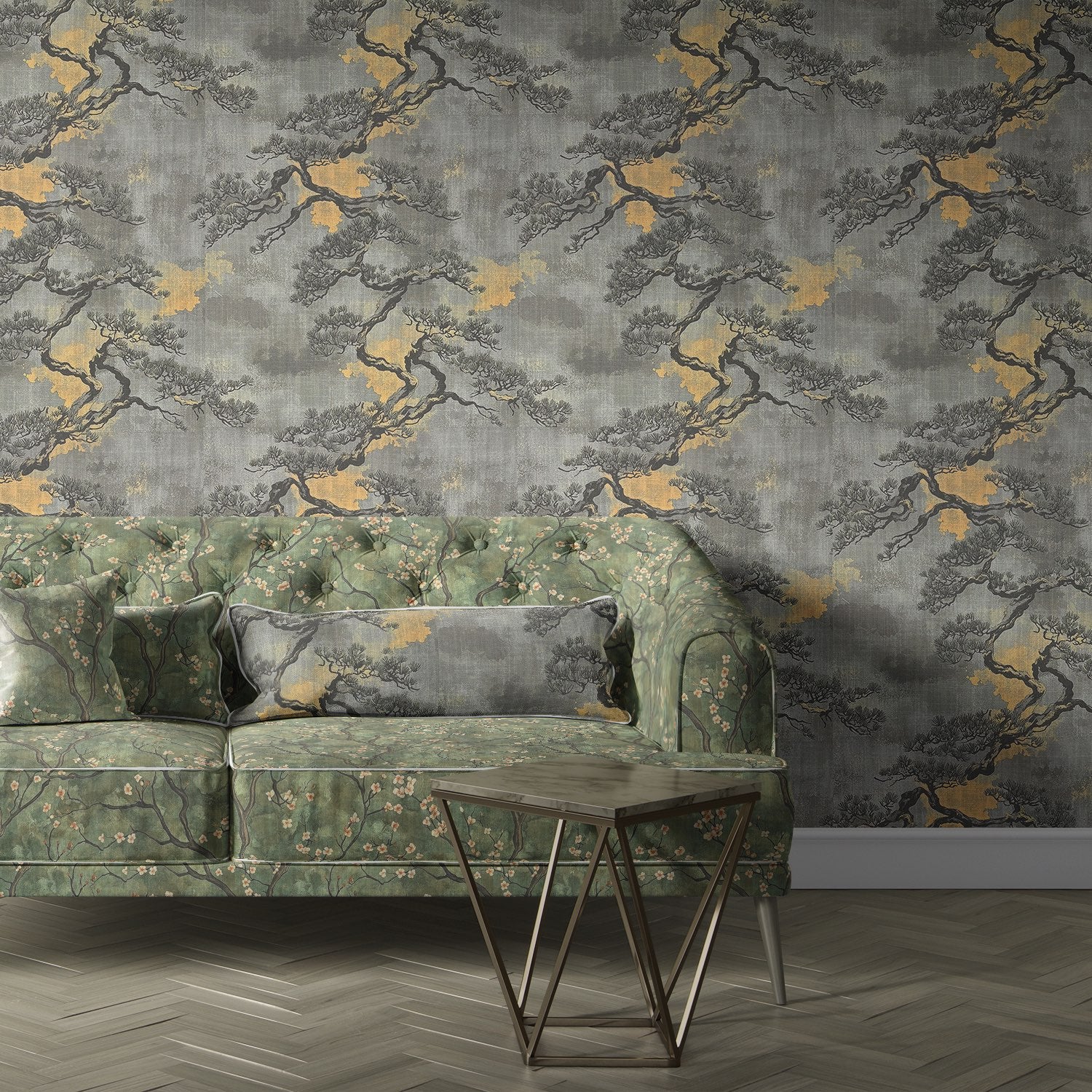 Mori No.17 upholstery fabric on green sofa – Japanese cherry blossom pattern in interior setting