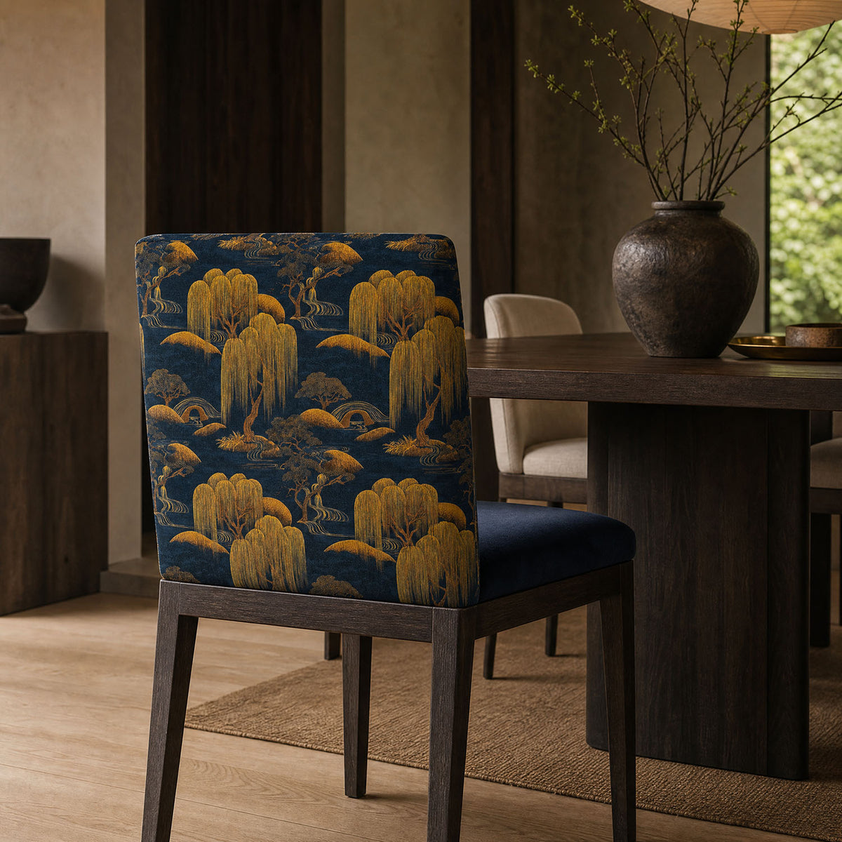 Mori No.18 navy gold Japanese Crib5 velvet fabric shown on an upholstered chair back