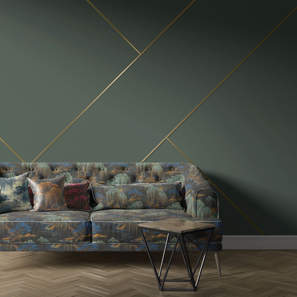 Blue Japanese upholstery fabric sofa with scenic landscape pattern featuring trees, water and architectural elements