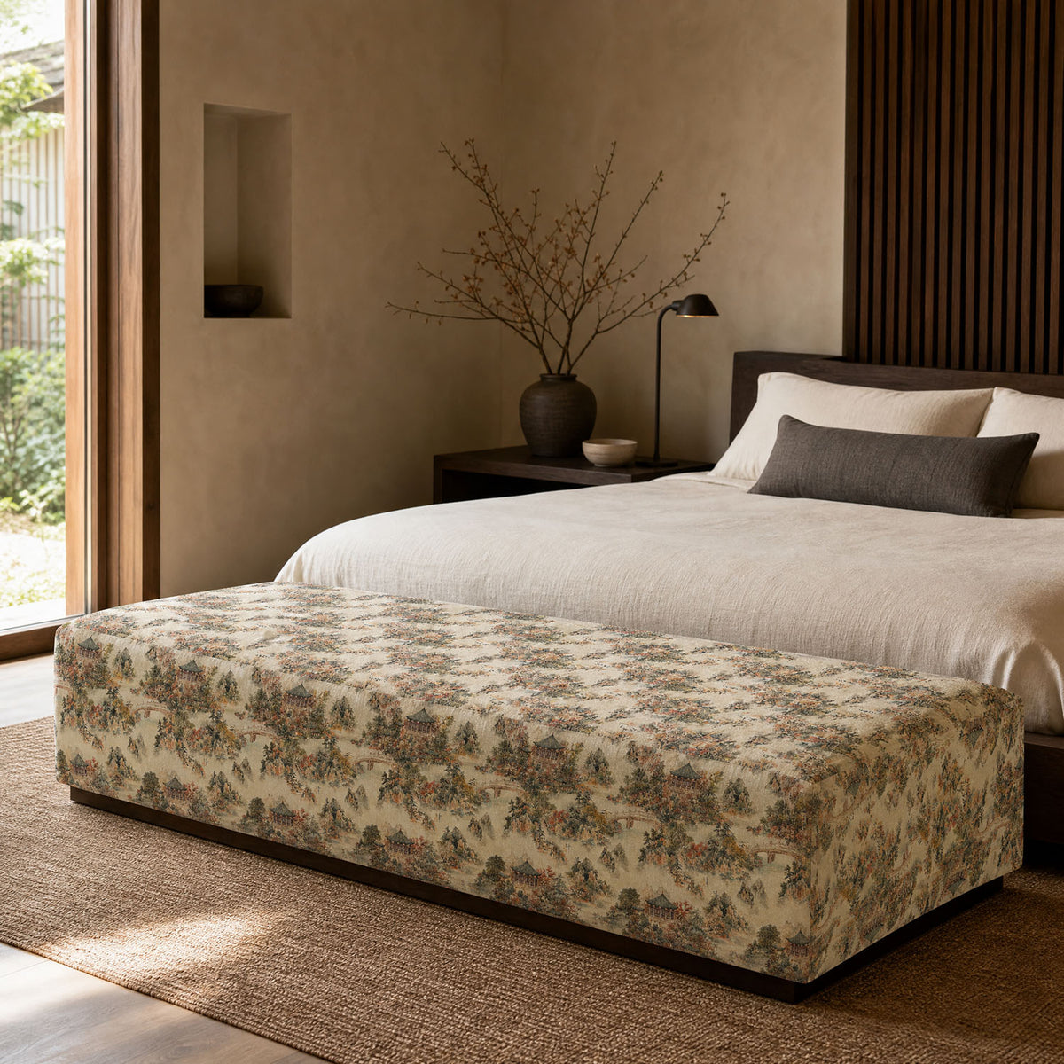 Mori No.1 Crib5 velvet fabric shown on upholstered bench for luxury contract interiors