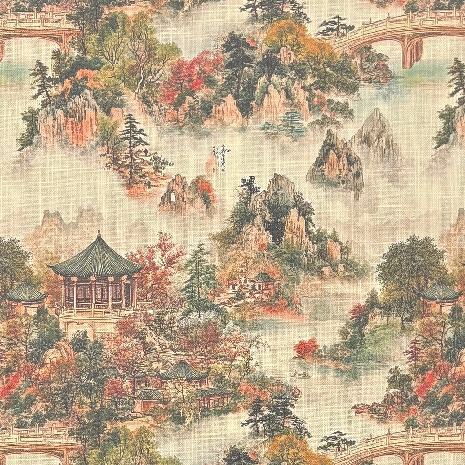 Flatlay of Mori No.1 scenic upholstery fabric featuring mountains, trees, and traditional temples