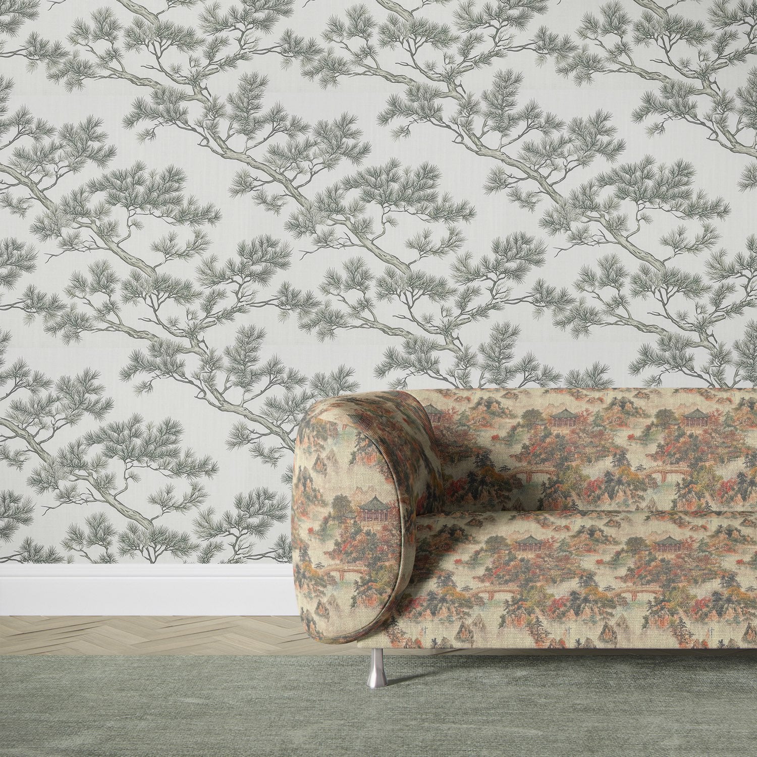 Mori No.1 upholstery fabric styled on a curved armchair with scenic East Asian landscape design.