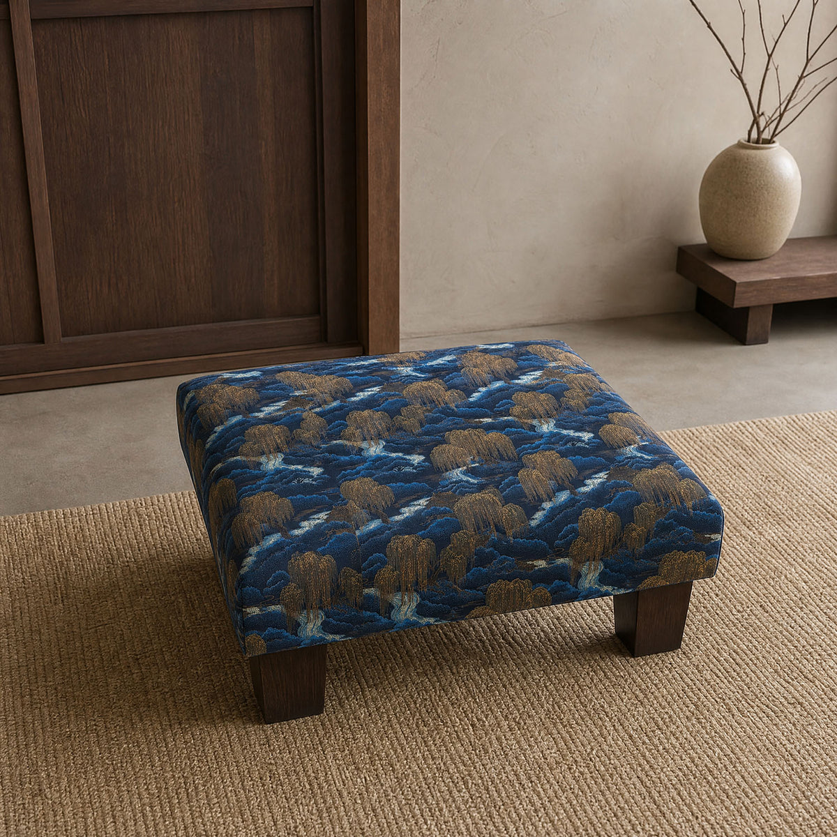 Mori No.20 blue gold Japanese Crib5 velvet fabric shown on an upholstered bench