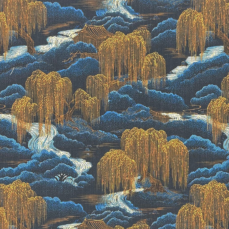 Japanese blue upholstery fabric with willow trees, flowing river and scenic landscape printed design on dark background