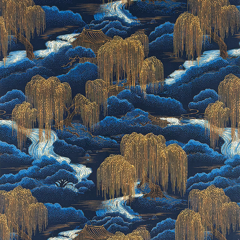 Blue navy and gold Mori No.20 Crib5 velvet fabric with Japanese river landscape print