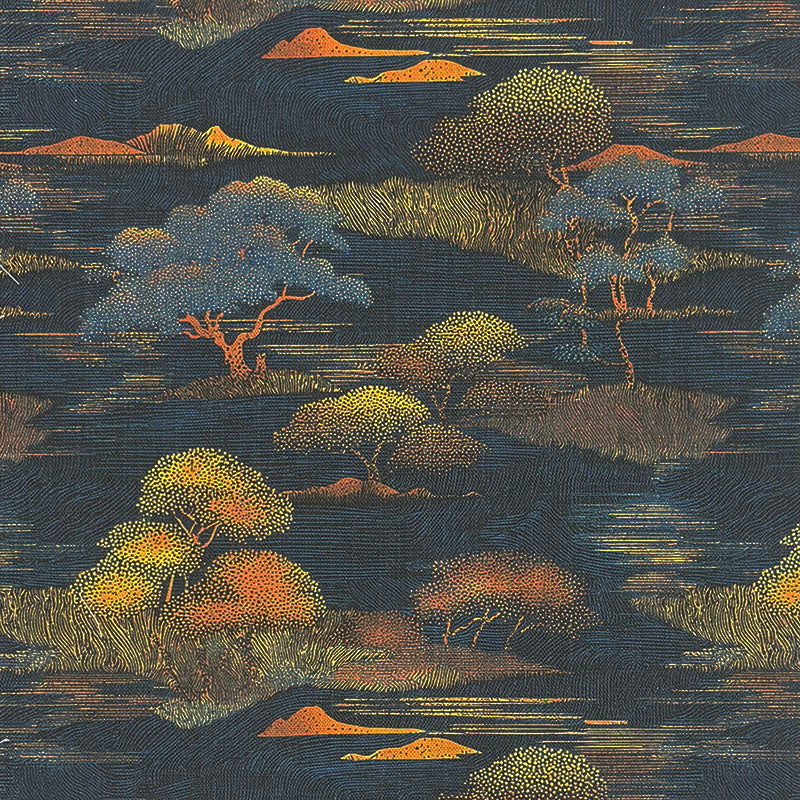 Japanese blue upholstery fabric with textured landscape trees and warm ochre highlights printed design