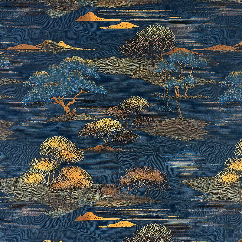 Mori No.22 blue and gold Crib5 printed velvet fabric with Japanese landscape design