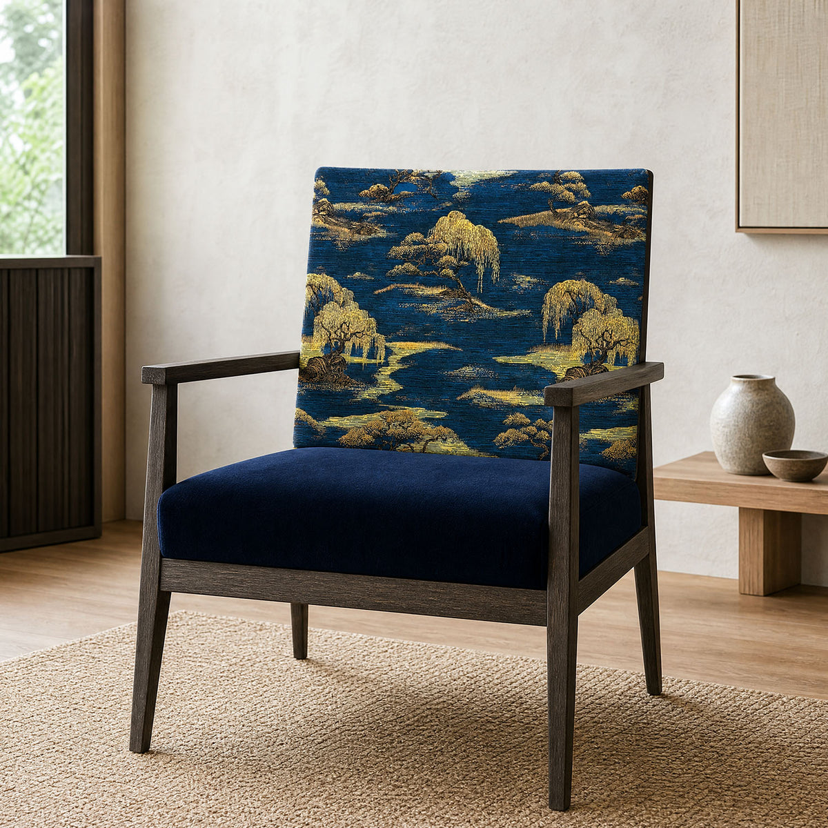 Mori No.23 luxury navy Japanese landscape velvet fabric on an upholstered chair