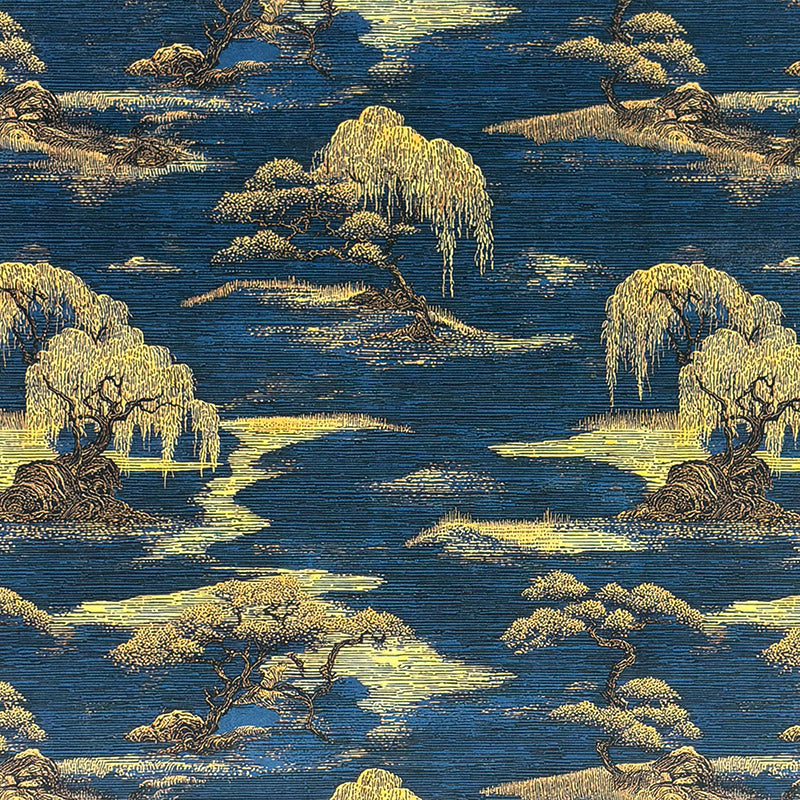 Mori No.23 navy Crib5 velvet fabric with gold willow Japanese landscape print