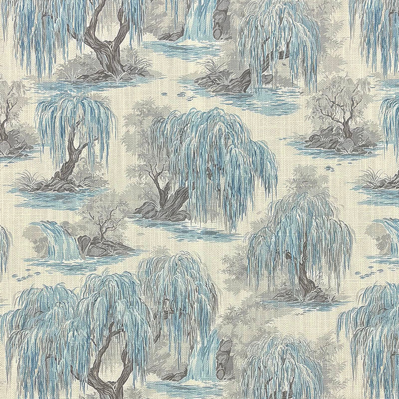 Japanese white and blue upholstery fabric with willow tree landscape and soft water detailing printed design