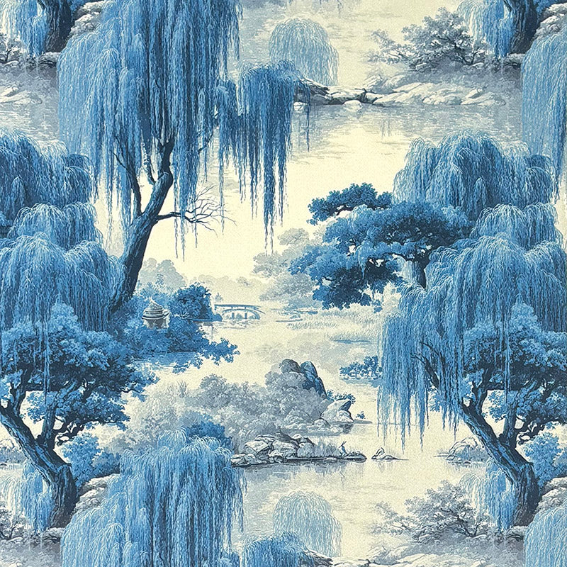 Mori No.25 blue and white Crib5 printed velvet fabric with Japanese scenic willow design