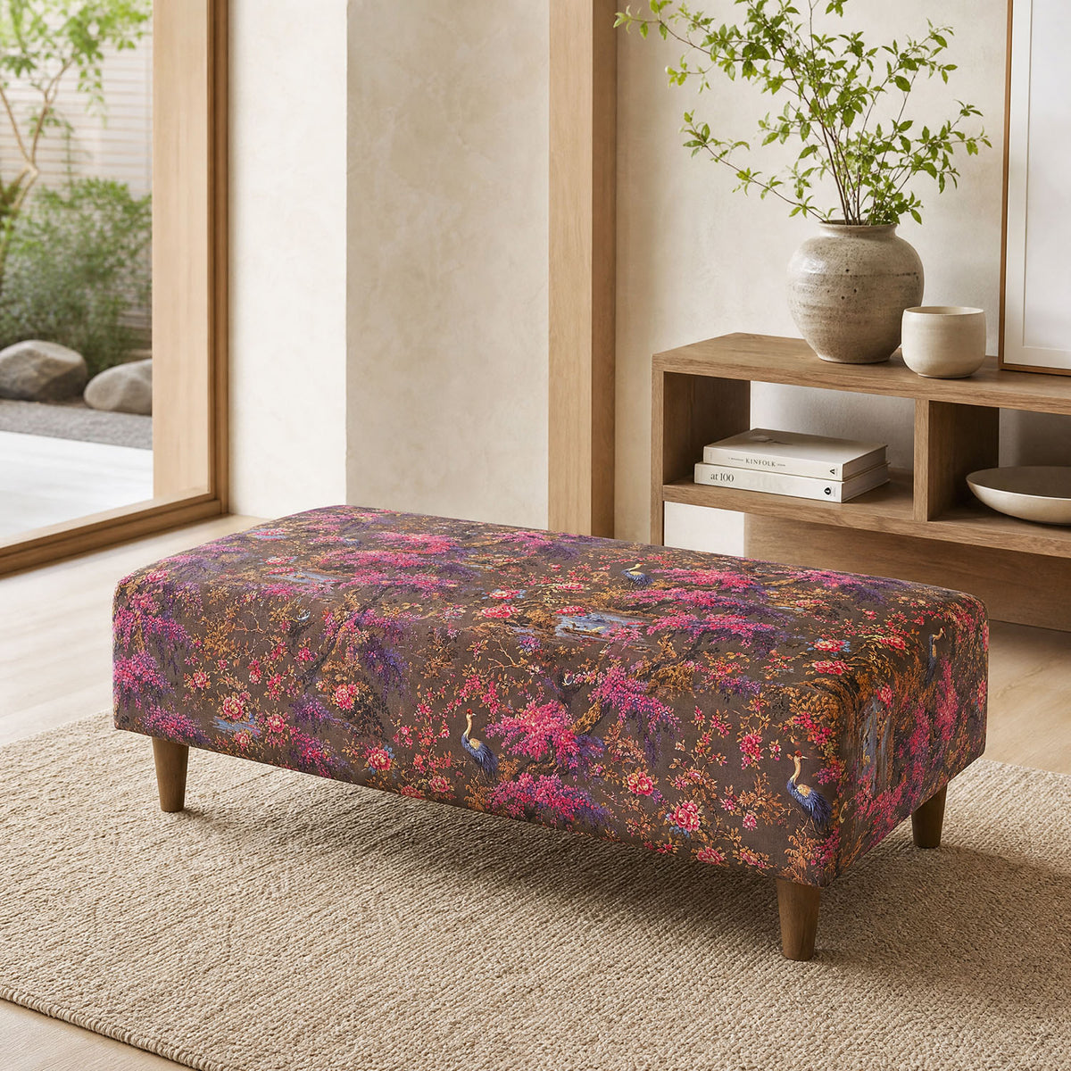 Mori No.26 Japanese bird Crib5 velvet upholstery fabric shown on a bench