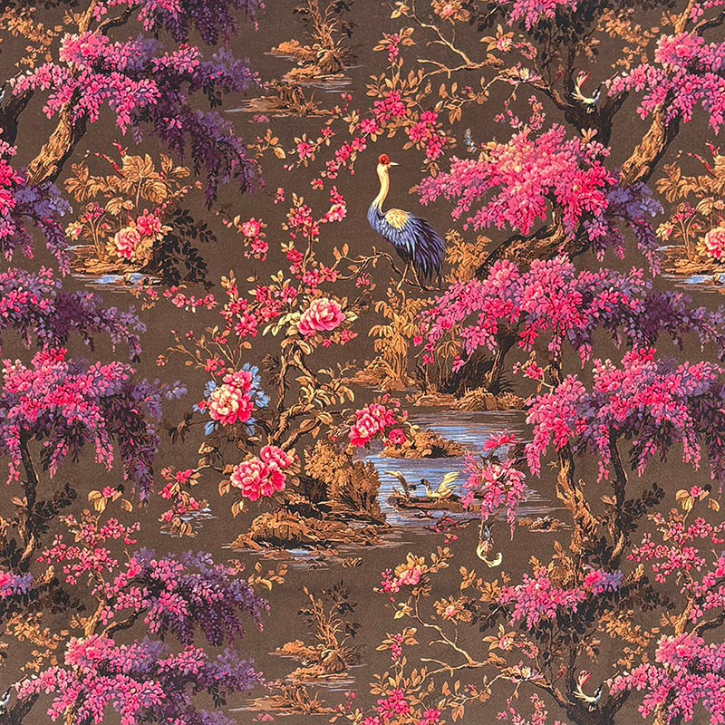 Mori No.26 pink and brown Crib5 velvet fabric with Japanese bird and blossom print
