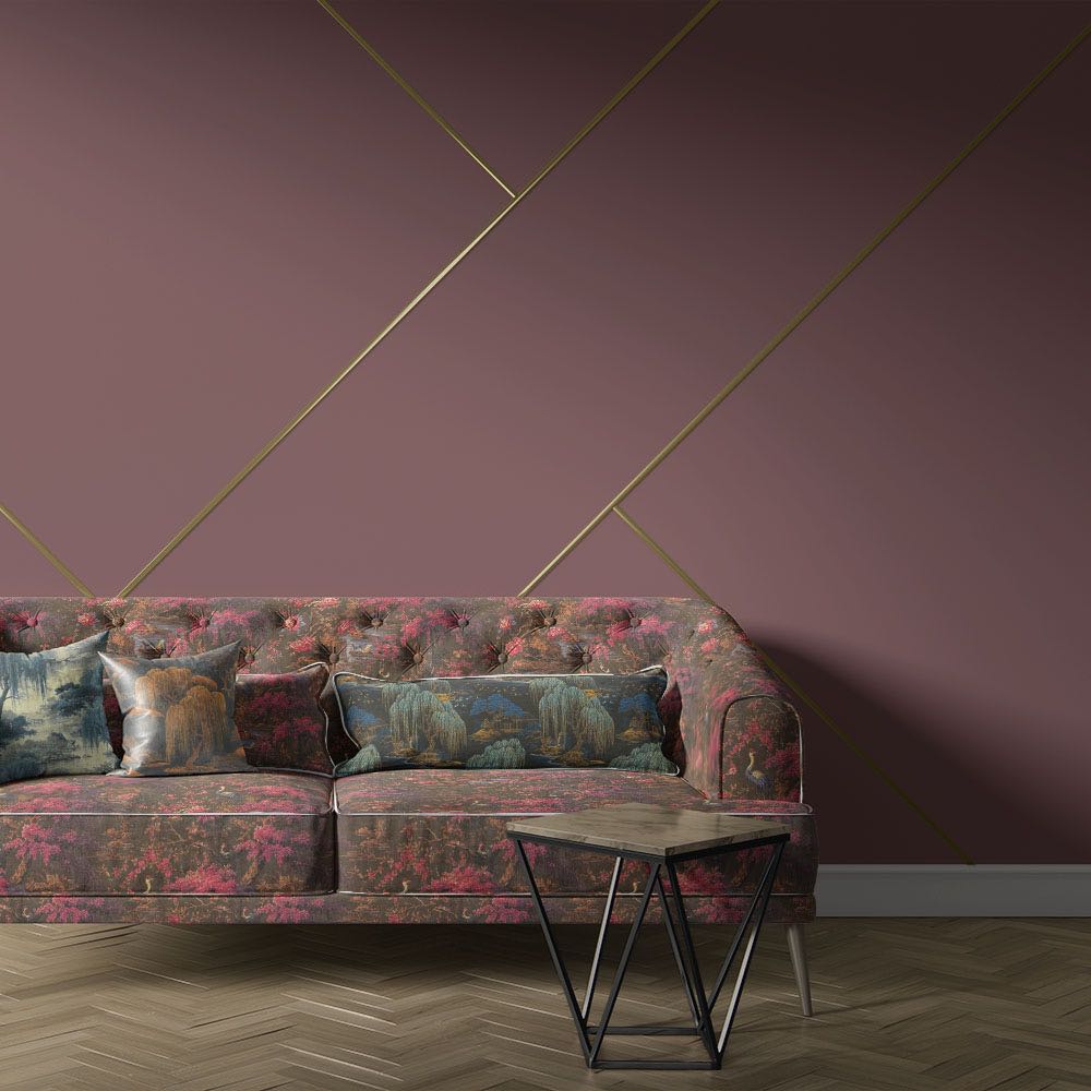 Pink and brown Japanese upholstery fabric sofa with floral bird pattern in luxury interior setting